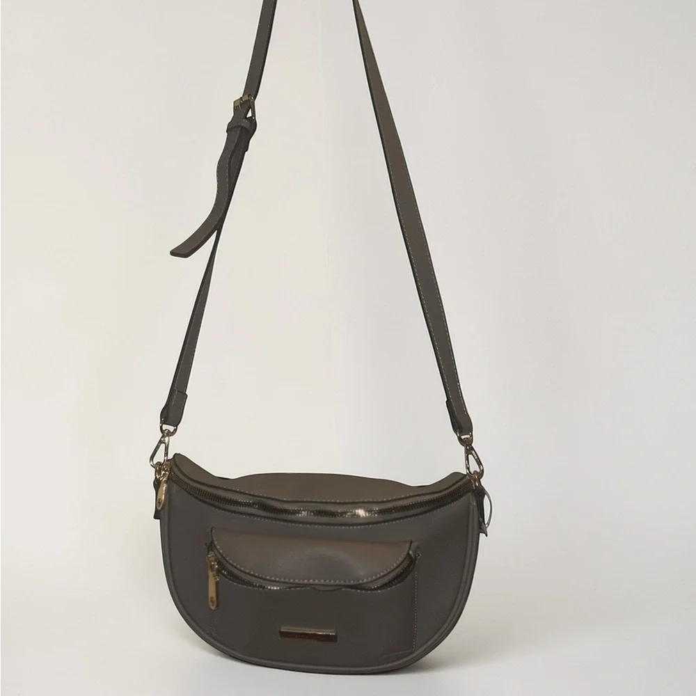 Adrienne Vittadini Grey Crossbody Belt‎ Bag with Gold Hardware